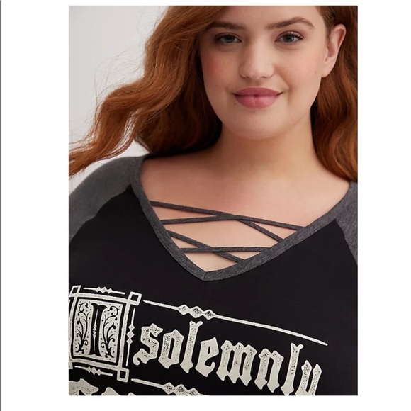 NWT TORRID HARRY POTTER I SOLEMNLY SWEAR BLACK STRAPPY RAGLAN TOP - Picture 5 of 7